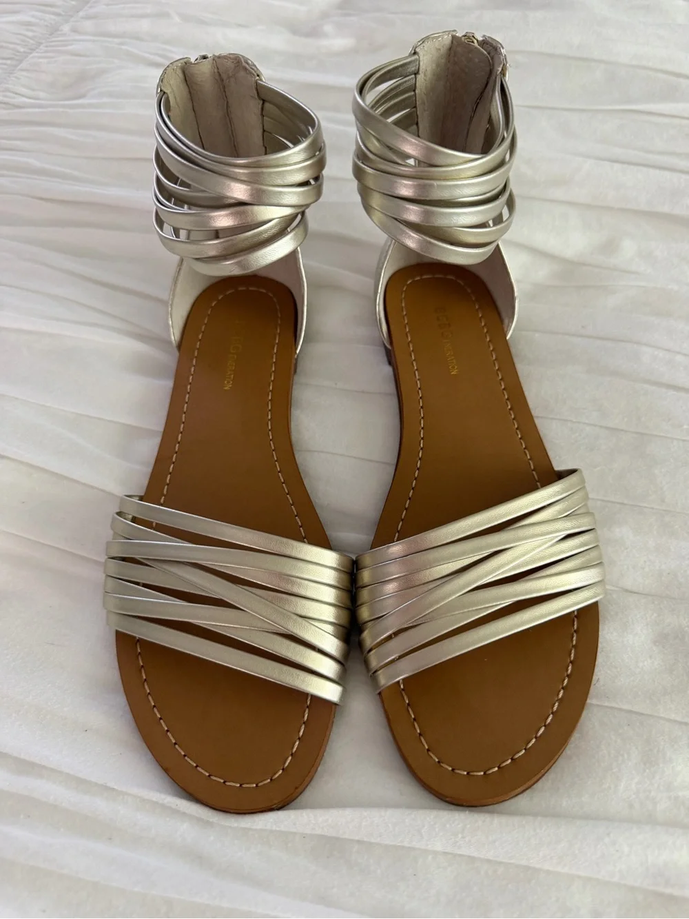 BCBGeneration Metallic Gold Strappy Ankle Zip Sandals Size 7 New